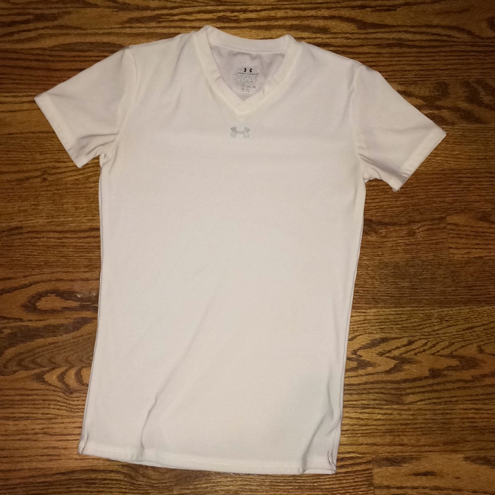 Youth white V-neck under armour T-shirt base layer